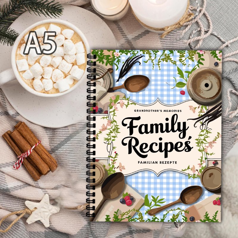 Home Cooking Book - A5 Receptenboek, Blauw Raster, Wijnrankenontwerp, het